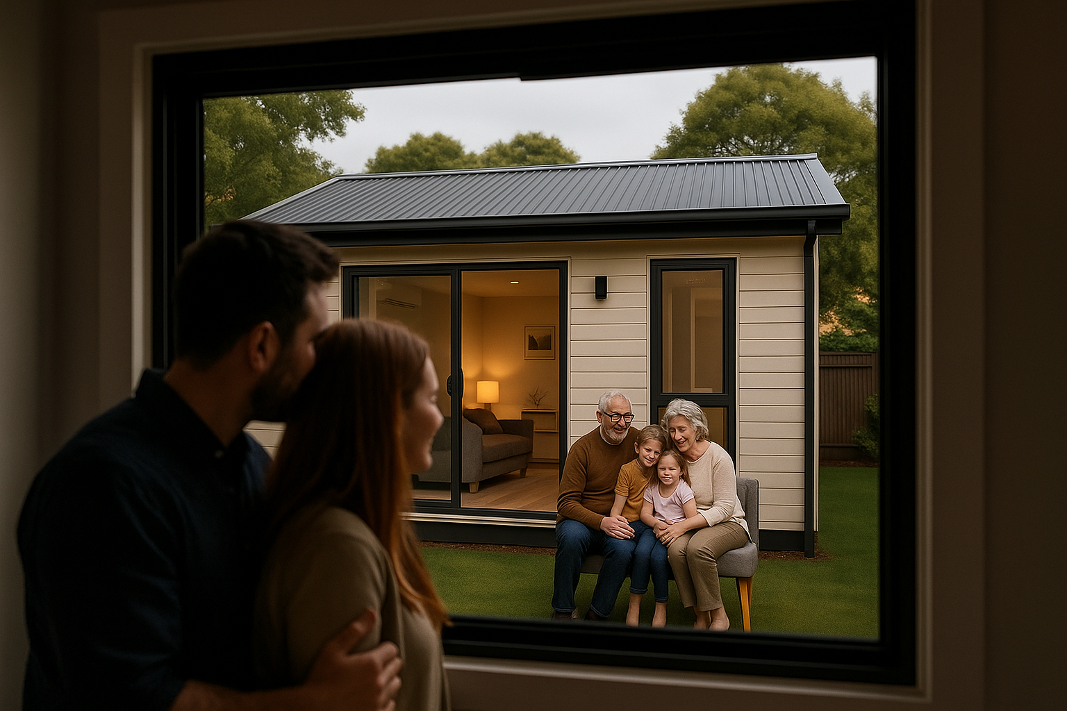 Couple looking out the yard towards grandparents and kids with a granny flat in the background