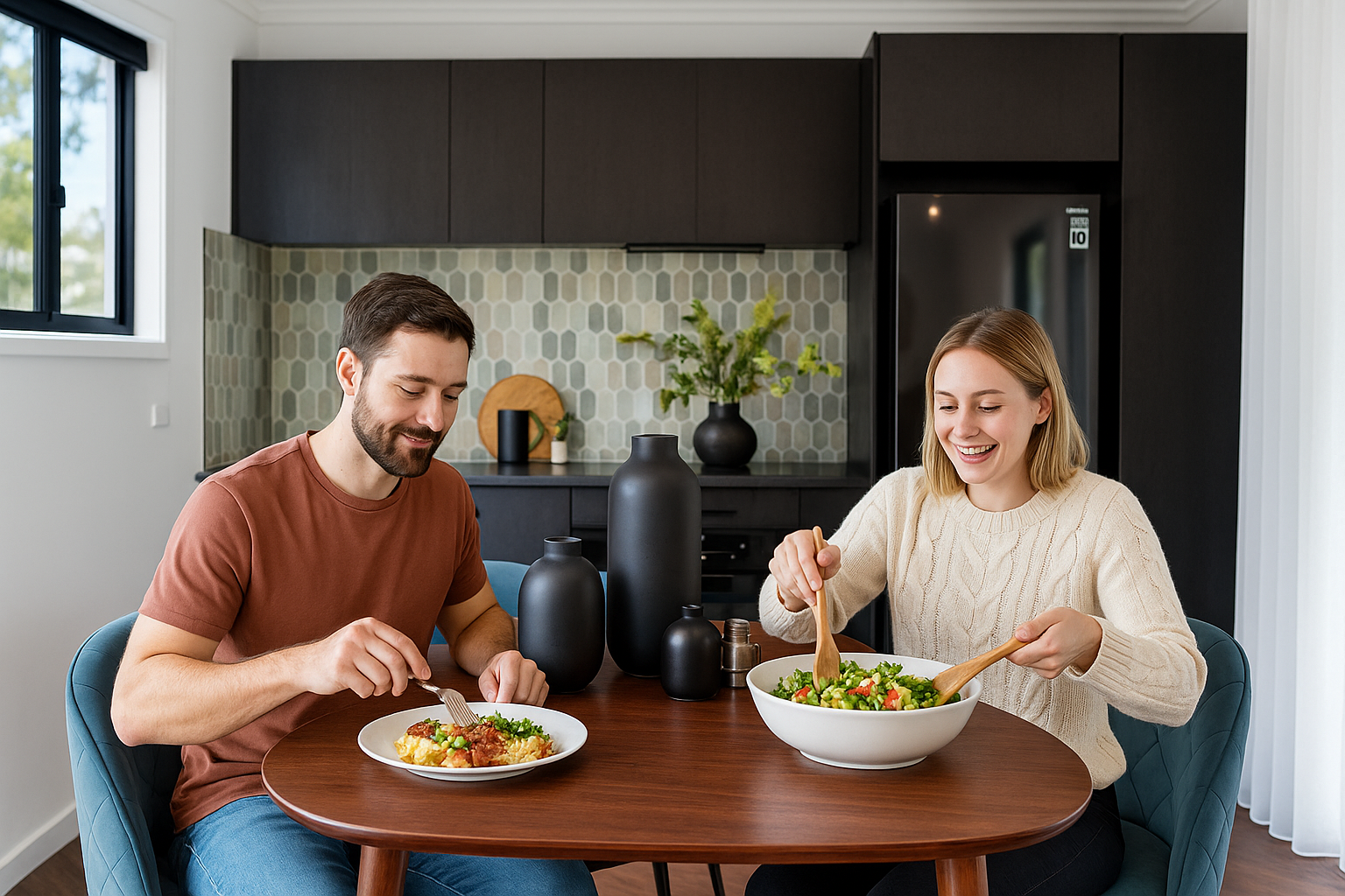 Couple eating a meal in a granny flat